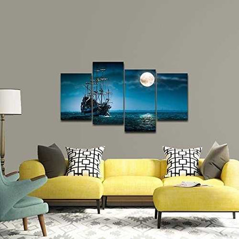 Image of Full Moon Ocean Ship 4-Panel Seascape Framed Canvas Wall Art