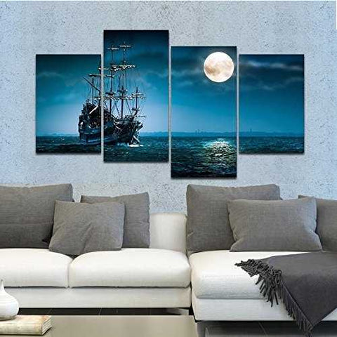 Image of Full Moon Ocean Ship 4-Panel Seascape Framed Canvas Wall Art