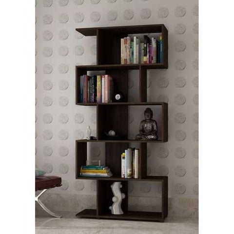 Image of Modern Zig-Zag Bookcase with 5-Shelves in Dark Brown Finish