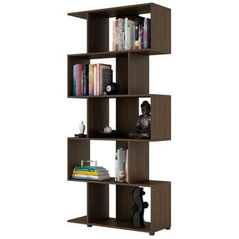 Image of Modern Zig-Zag Bookcase with 5-Shelves in Dark Brown Finish