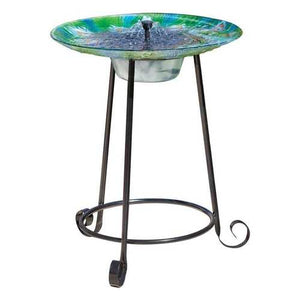 Outdoor Garden Solar Fountain Bird Bath with Peacock Glass Basin and Steel Stand