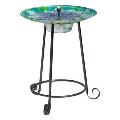 Image of Outdoor Garden Solar Fountain Bird Bath with Peacock Glass Basin and Steel Stand