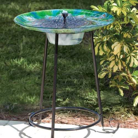 Image of Outdoor Garden Solar Fountain Bird Bath with Peacock Glass Basin and Steel Stand