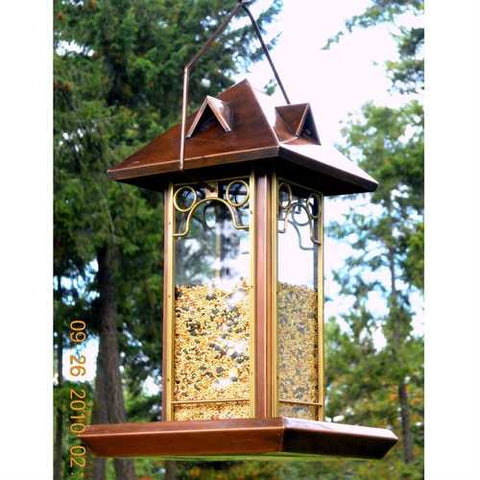 Image of Metal and Glass Bird Feeder with Antique Copper Finish