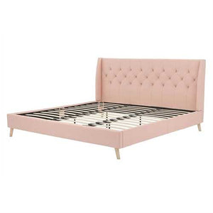 King size Pink Linen Upholstered Wingback Platform Bed Mid-Century Modern