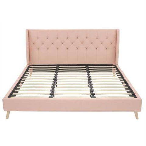 Image of King size Pink Linen Upholstered Wingback Platform Bed Mid-Century Modern