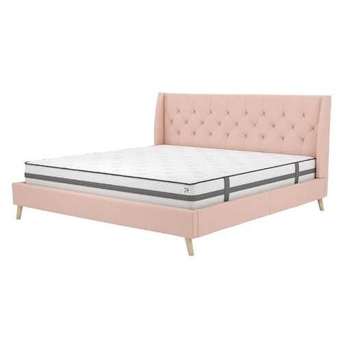 Image of King size Pink Linen Upholstered Wingback Platform Bed Mid-Century Modern