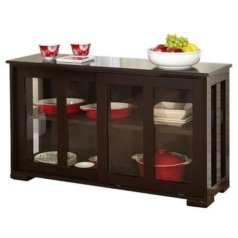 Image of Espresso Sideboard Buffet Dining Kitchen Cabinet with 2 Glass Sliding Doors