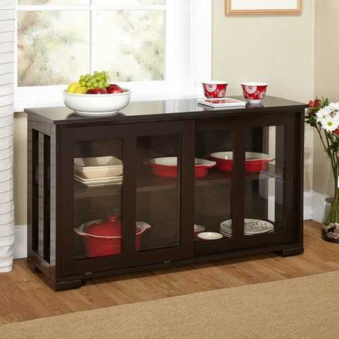 Image of Espresso Sideboard Buffet Dining Kitchen Cabinet with 2 Glass Sliding Doors