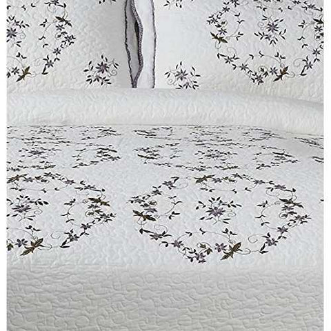 Image of Queen size Cotton Bedspread with Scalloped Edges and Floral Print Embroidery in White