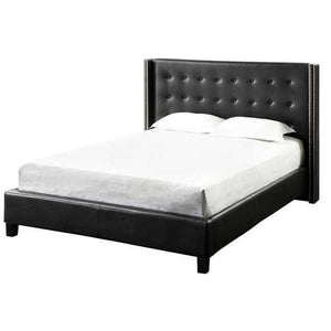 Queen size Black Faux Leather Upholstered Bed with Wingback Headboard