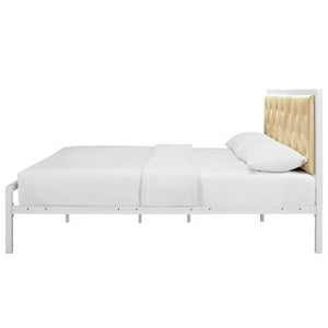 Queen size Contemporary White Metal Platform Bed with Champagne Button Tufted Headboard