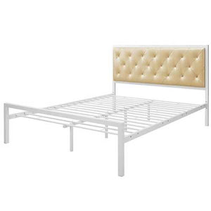 Queen size Contemporary White Metal Platform Bed with Champagne Button Tufted Headboard