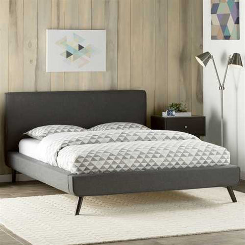 Image of Queen size Mid-Century Platform Bed Frame with Gray Upholstered Headboard