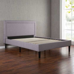 Queen size Platform Bed with Grey Upholstered Headboard and Piped Frame Detail