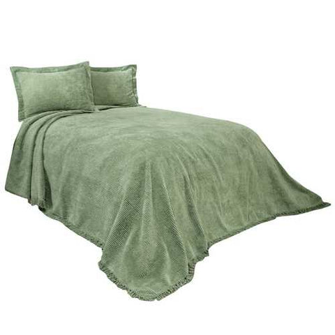 Image of Queen size Sage Green Cotton Chenille Bedspread with Fringe Edge