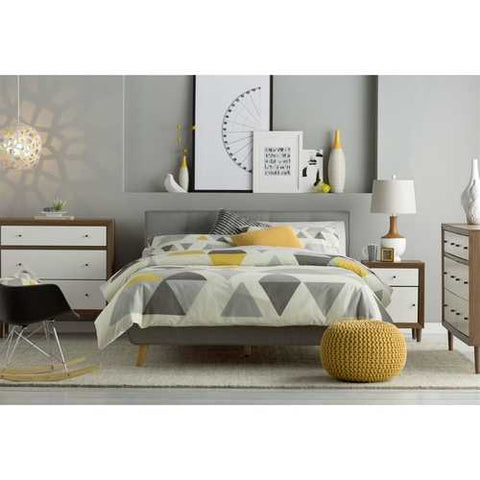 Image of Queen Mid-Century Grey Upholstered Platform Bed with Button-Tufted Headboard