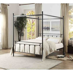 Queen Sturdy Metal Platform Bed Frame with Canopy in Black Metal Finish