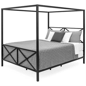 Queen size 4-Post Canopy Bed Frame in Black Metal Finish