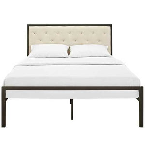 Queen size Modern Metal Platform Bed with Beige Button Tufted Headboard Upholstered