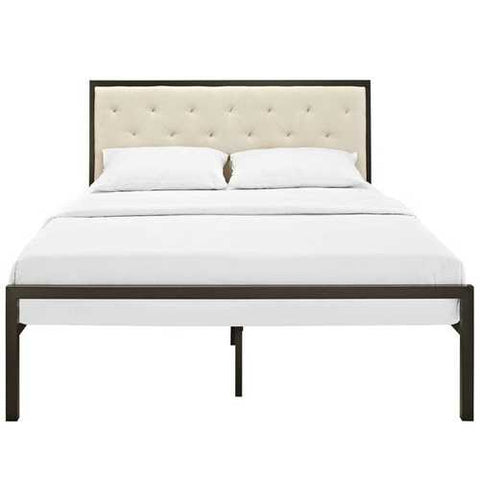 Image of Queen size Modern Metal Platform Bed with Beige Button Tufted Headboard Upholstered