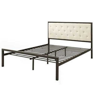 Queen size Modern Metal Platform Bed with Beige Button Tufted Headboard Upholstered