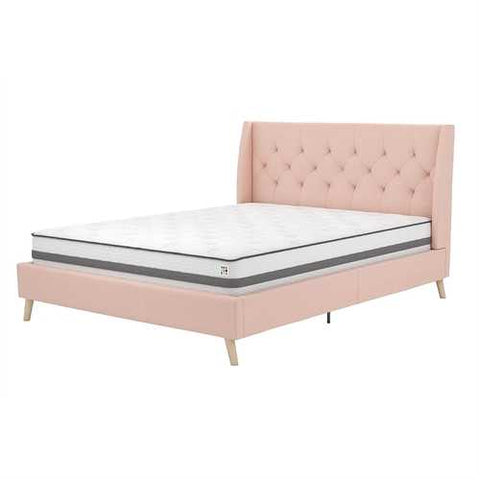 Image of Queen Pink Linen Upholstered Mid-Century Modern Platform Bed with Wingback Headboard