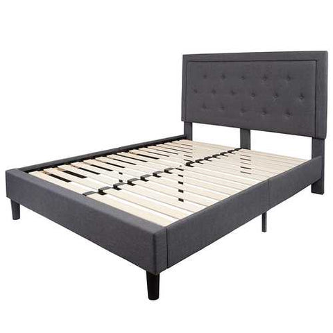 Image of Queen size Dark Gray Fabric Upholstered Platform Bed Frame with Headboard