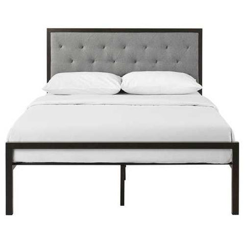 Image of Queen size Contemporary Metal Platform Bed with Grey Upholstered Headboard