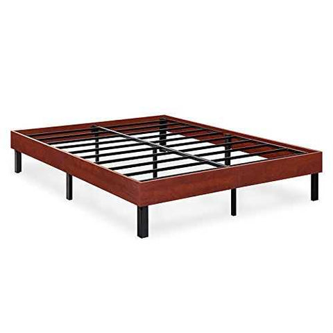 Image of Queen size Metal Slat Platform Bed Frame with Cherry Finish Wood Sides