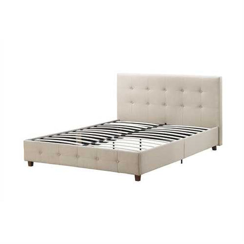 Image of Queen Tan Linen Upholstered Platform Bed Frame with Button Tufted Headboard