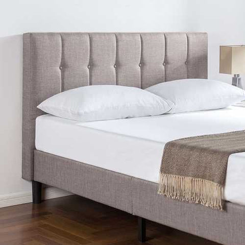 Image of Queen Medium Grey Upholstered Platform Bed Frame with Button Tufted Headboard