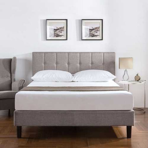 Image of Queen Medium Grey Upholstered Platform Bed Frame with Button Tufted Headboard