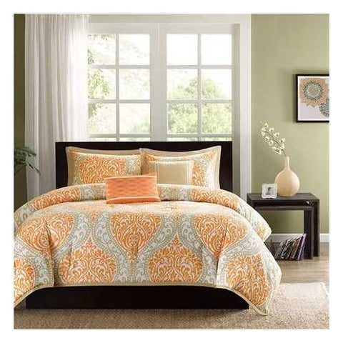 Image of Queen size 5-Piece Orange Damask Print Comforter Set