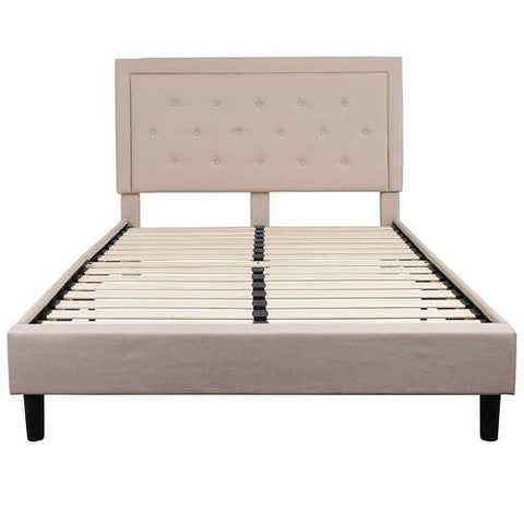 Image of Queen Beige Upholstered Platform Bed Frame with Button Tufted Headboard