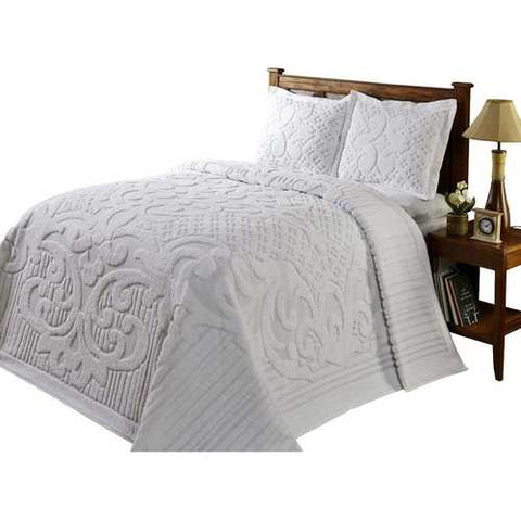 Image of Queen size 3-piece 100-Percent Cotton Chenille Bedspread in White with Shams