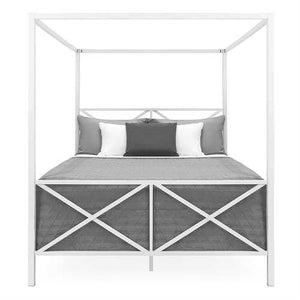 Queen size Modern Canopy Bed Frame in White Metal Finish