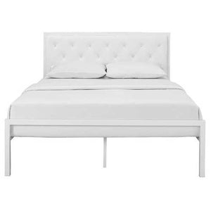 Queen size Modern White Metal Platform Bed with Upholstered Headboard