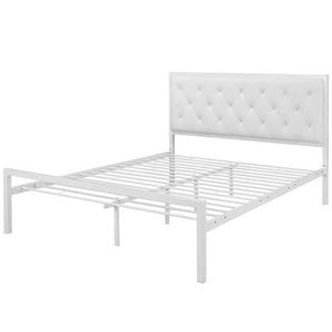 Queen size Modern White Metal Platform Bed with Upholstered Headboard