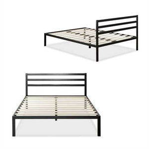 Queen Metal Platform Bed Frame with Headboard and Wood Slats