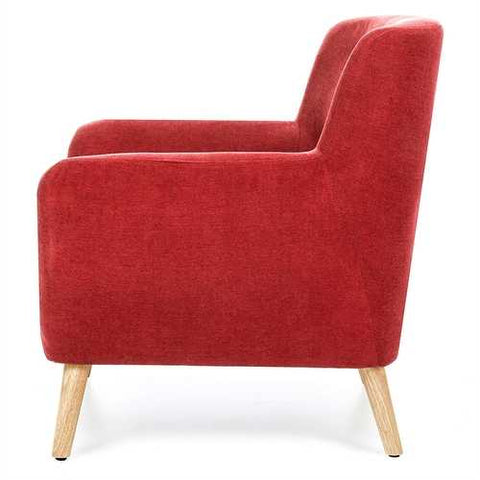 Image of Red Linen Upholstered Armchair with Mid-Century Modern Classic Style Wood Legs