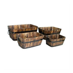 Set of 4 - Rectangular Outdoor Cedar Wood Barrel Planters in Burt Brown