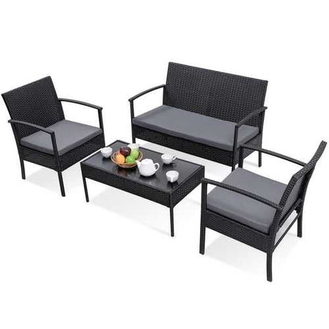 Image of Modern 4-Piece Outdoor Rattan Patio Furniture Set in Black