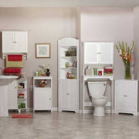 Image of White Bathroom Wall Cabinet with 2 Louver Shutter Doors and Shelf