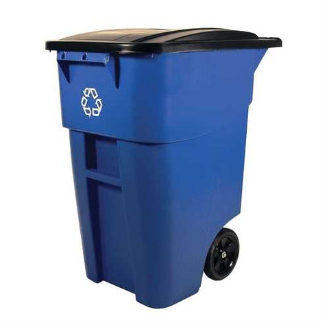 Image of 50 Gallon Blue Commercial Heavy-Duty Rollout Recycler Trash Can Container