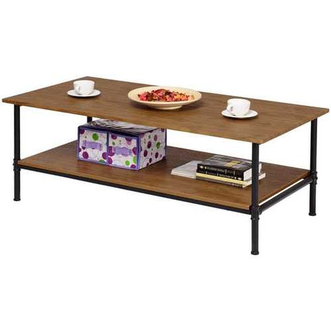 Image of Simple Metal Wood Coffee Table with Bottom Storage Shelf