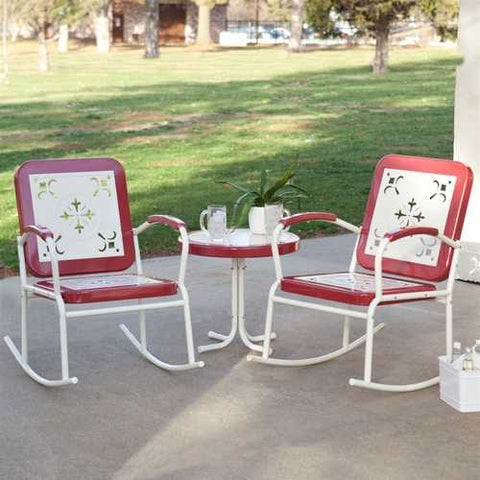 Image of Cherry Red Retro Patio 3 Piece Metal Rocker Rocking Chair Set