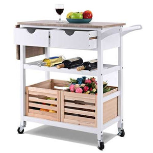 White Wood Kitchen Island Cart with Wine Rack and Wheels