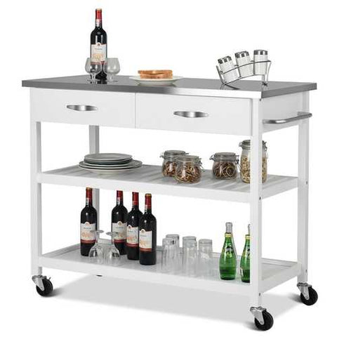 Image of White Wood Modern Kitchen Island Cart with Stainless Steel Top