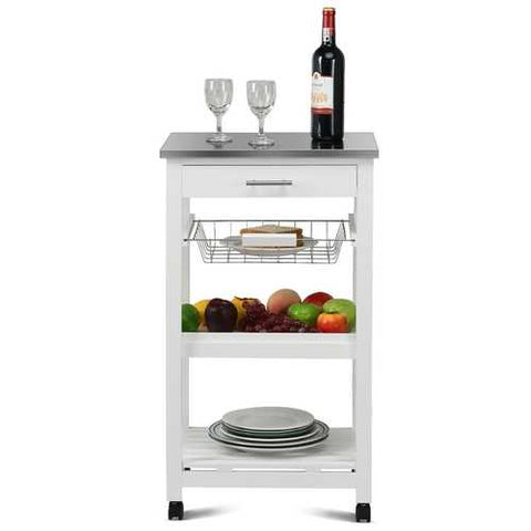 Image of White Kitchen Cart with Storage Drawer and Stainless Steel Top